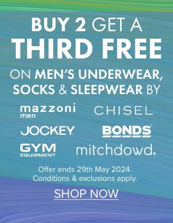 Buy 2 Get a Third Free on Men's Underwear, Socks & Sleepwear by Mazzoni, Chisel, Jockey Bonds & Gym Equipment