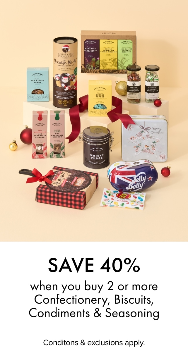 SAVE 40% when you buy 2 or more Confectionery, Biscuits, Condiments and Seasoning