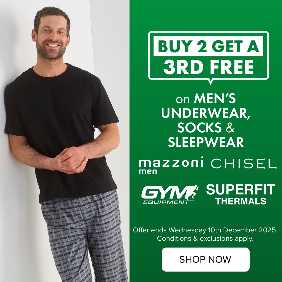 Buy 2 Get a 3rd Free on Men's Underwear, Socks & Sleepwear by Mazzoni, Chisel, Gym Equipment & Superfit Thermals