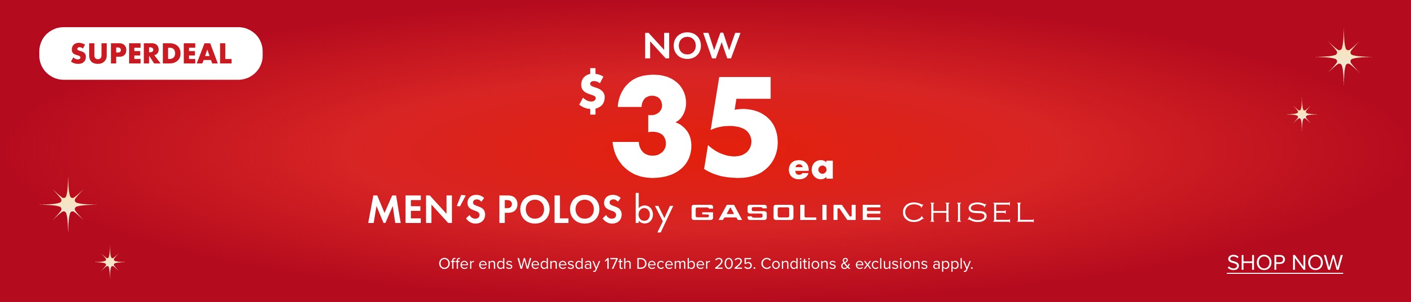 NOW $35ea Men's Polos by Gasoline and Chisel