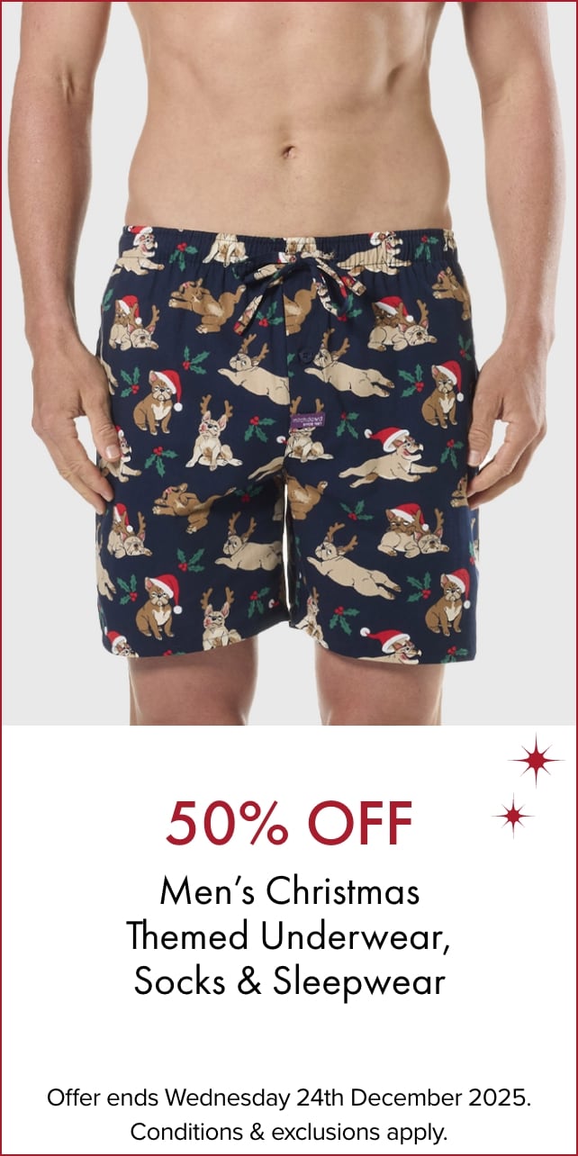 50% Off Men’s Christmas Themed Underwear, Socks & Sleepwear