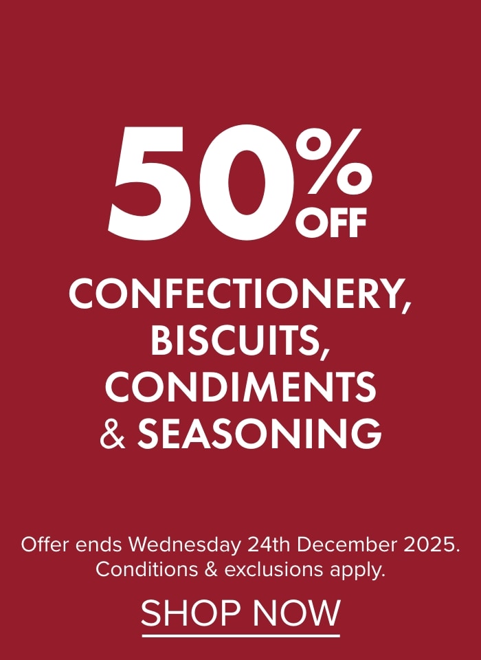 50% OFF Confectionery, Biscuits, Condiments & Seasoning