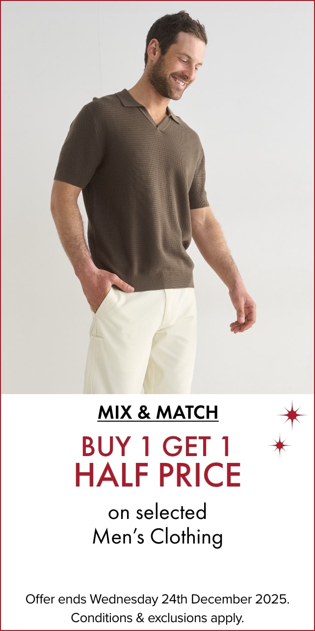 Buy 1 get 1 half price on selected men’s clothing
