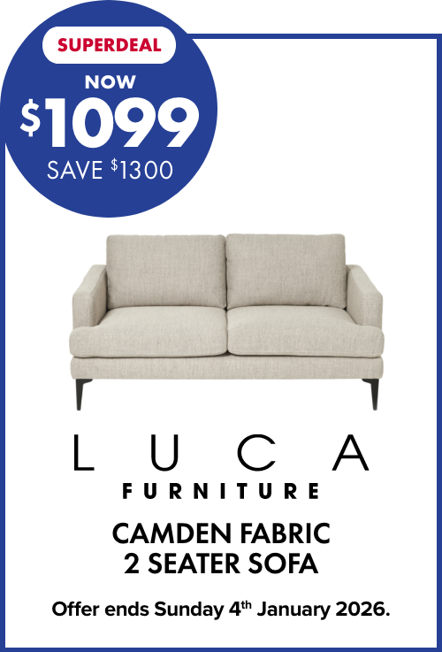 SUPERDEAL NOW $1099 SAVE $1300 LUCA Furniture Camden Fabric 2 Seater Sofa