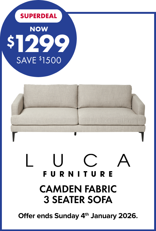 SUPERDEAL NOW $1299 SAVE $1500 LUCA Furniture Camden Fabric 3 Seater Sofa