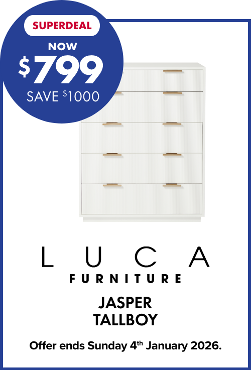 SUPERDEAL NOW $799 SAVE $1000 LUCA Furniture Jasper Tallboy