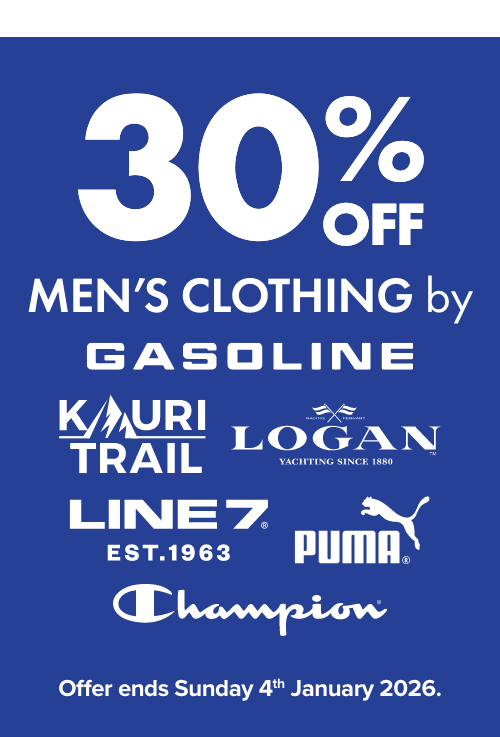 30% OFF Men's Clothing by Gasoline, Kauri Trail, Logan, Line7, Puma & Champion