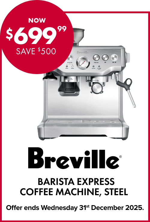 NOW $699.99 SAVE $500 BREVILLE BARISTA EXPRESS COFFEE MACHINE, STEEL