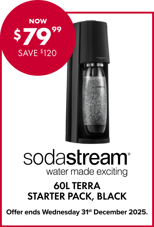 NOW $79.99 SAVE $120 SODASTREAM 60L TERRA STARTER PACK, BLACK