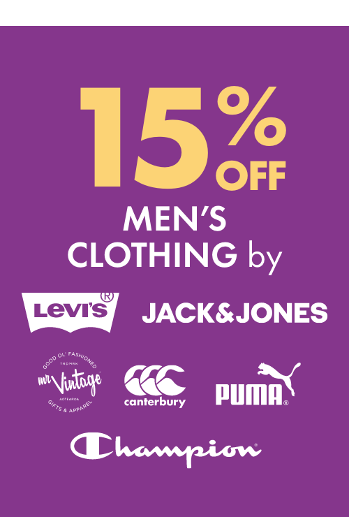 15% off Men's Clothing by Levis, Jack and Jones, Mr Vintage, CCC, Champion & Puma
