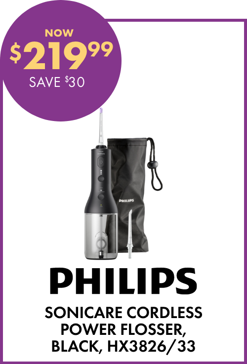 
NOW $219.99 SAVE $30 Philips Sonicare Cordless Power Flosser, Black, HX3826/33