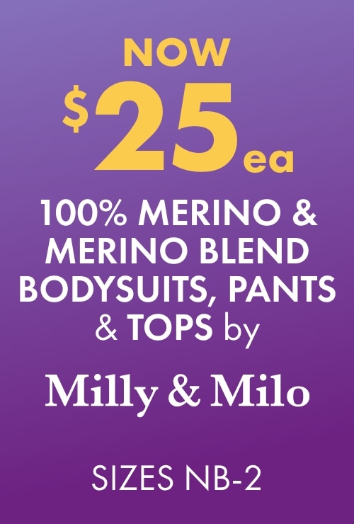 NOW $25ea 100% Merino & Merino Blend Bodysuits, Pants & Tops by Milly & Milo NB-2