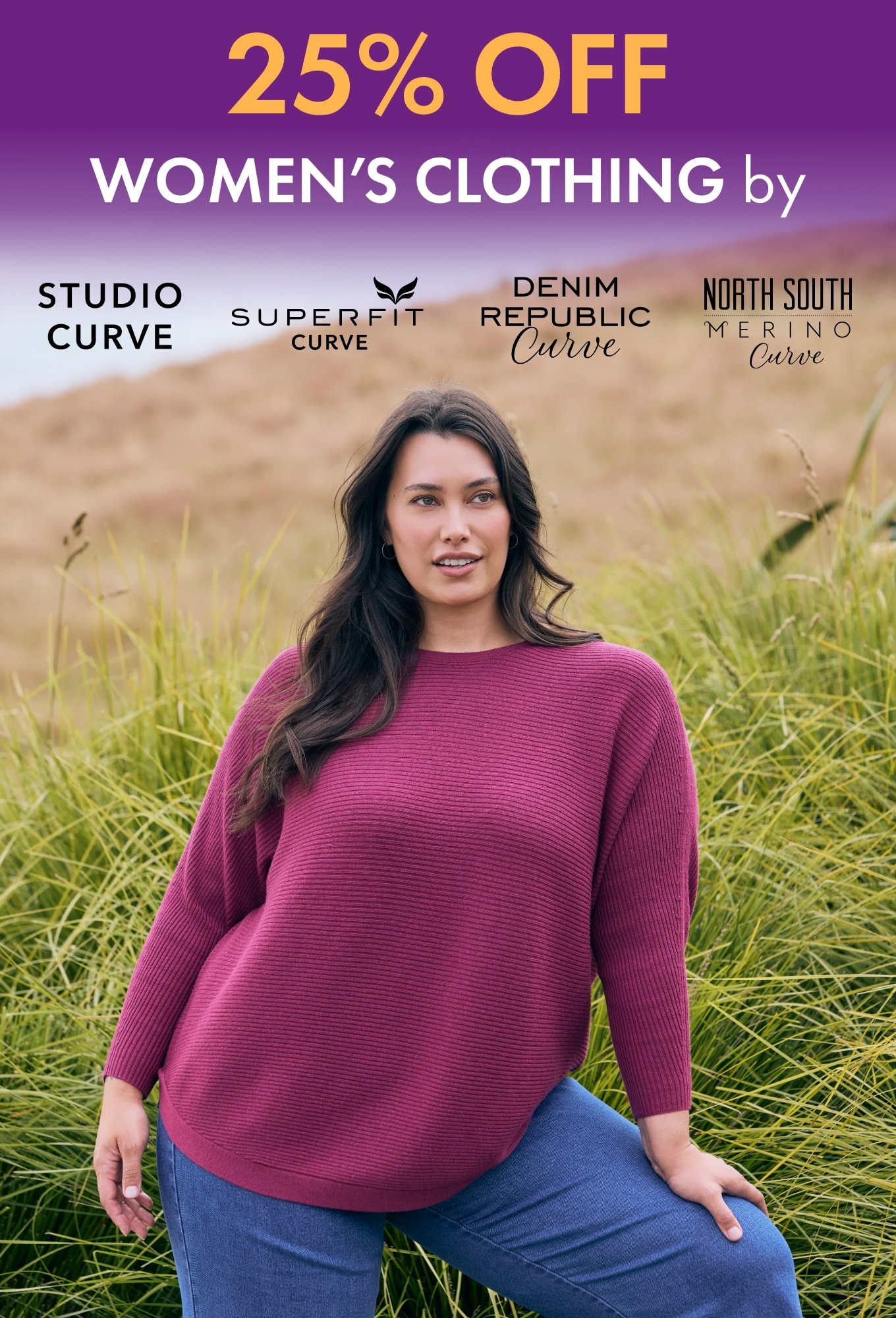 25% Off Women's Plus Size Clothing by Studio Curve, Superfit Denim, Republic Curve, North South Merino