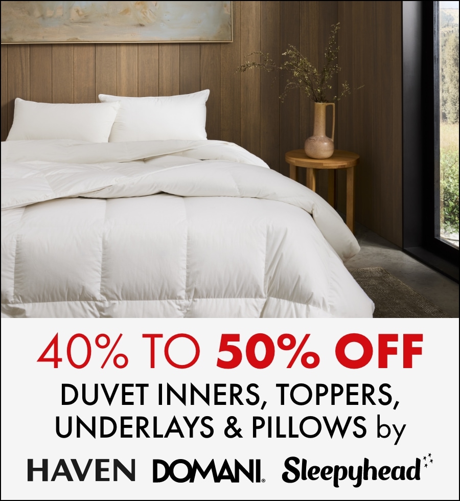 40% to 50% off duvet inners, toppers, underlays and pillows by Haven, Domani and Sleepyhead