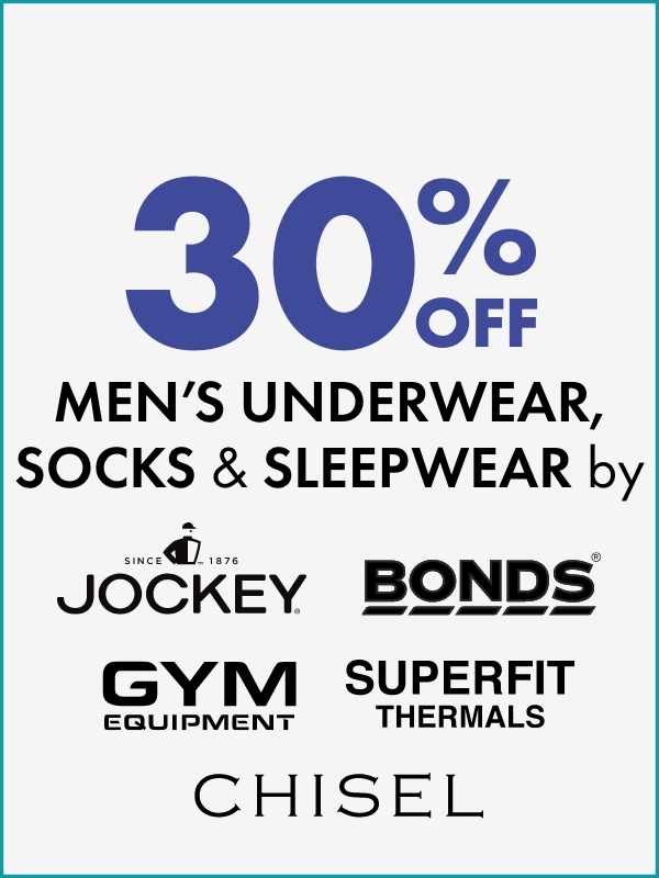 30% OFF Men's Underwear, Socks & Sleepwear by Jockey, Bonds, Superfit Thermals, Gym Equipment & Chisel