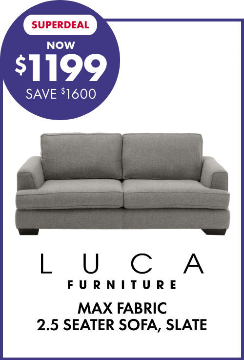 SUPERDEAL NOW $1199 SAVE $1600 LUCA Furniture Max Fabric 2.5 Seater Sofa, Slate