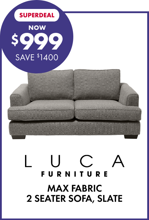 SUPERDEAL NOW $999 SAVE $1400 LUCA Furniture Max Fabric 2 Seater Sofa, Slate