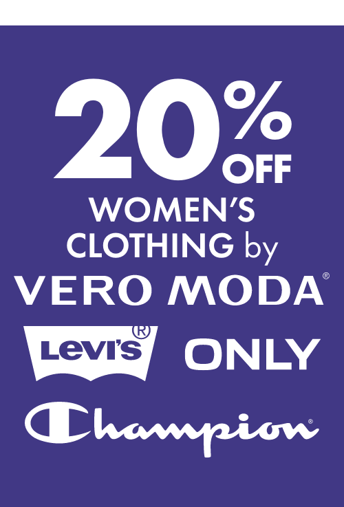 20% OFF Women’s Clothing by ONLY, Levis, Vero Moda & Champion. Excludes Clearance Items. Not available in conjunction with any other offer. Offer ends 11th of February 2026.