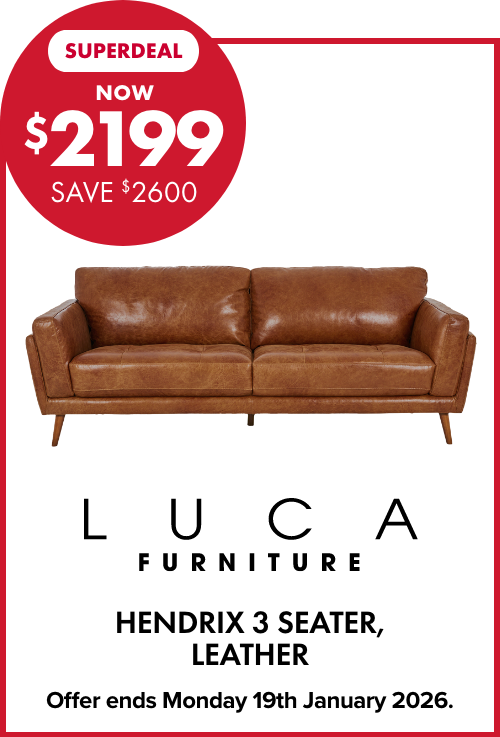 SUPERDEAL NOW $2199 SAVE $2600 LUCA Furniture Hendrix 3 Seater, Leather