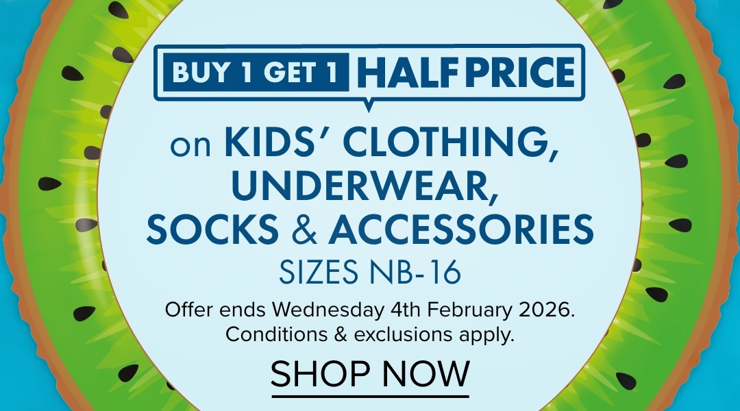Buy 1 Get 1 Half Price on Kids' Clothing, Underwear, Socks & Accessories