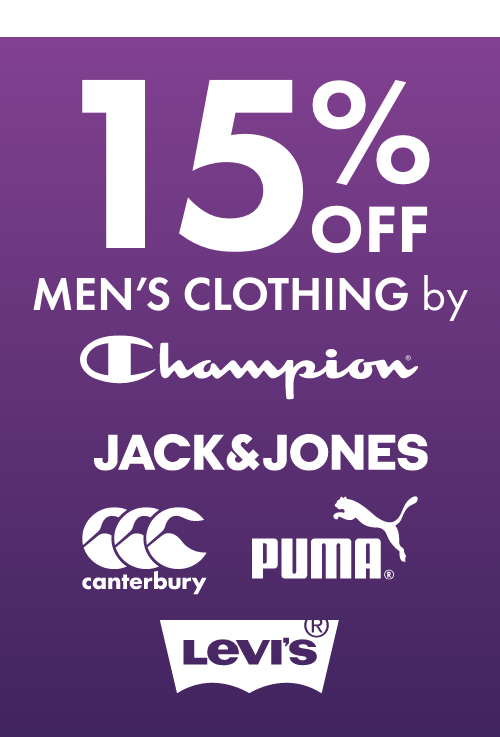 15% OFF Men's Clothing by Champion, Jack & Jones, Canterbury, Levis