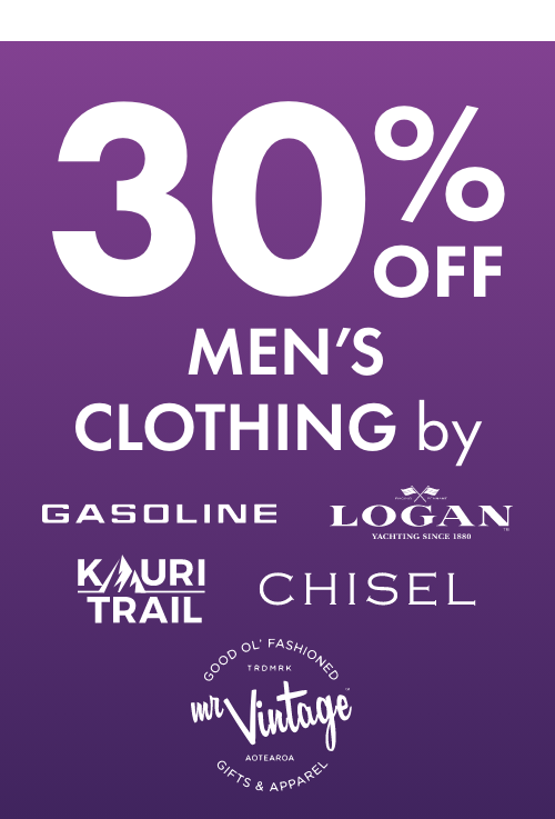 30% OFF Men's Clothing by Gasoline, Logan, Kauri Trail, Chisel, Mr Vintage