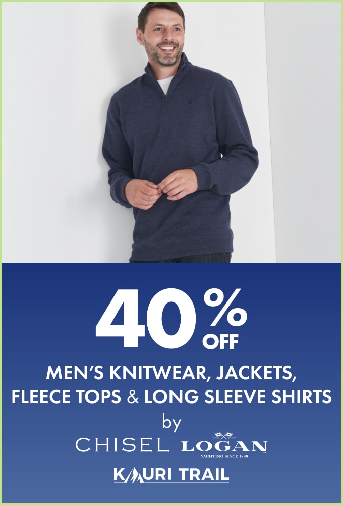 40% off Men's Knitwear, Jackets, Fleece Tops & Long Sleeve Shirts by Chisel, Kauri Trail, Logan & Gasoline