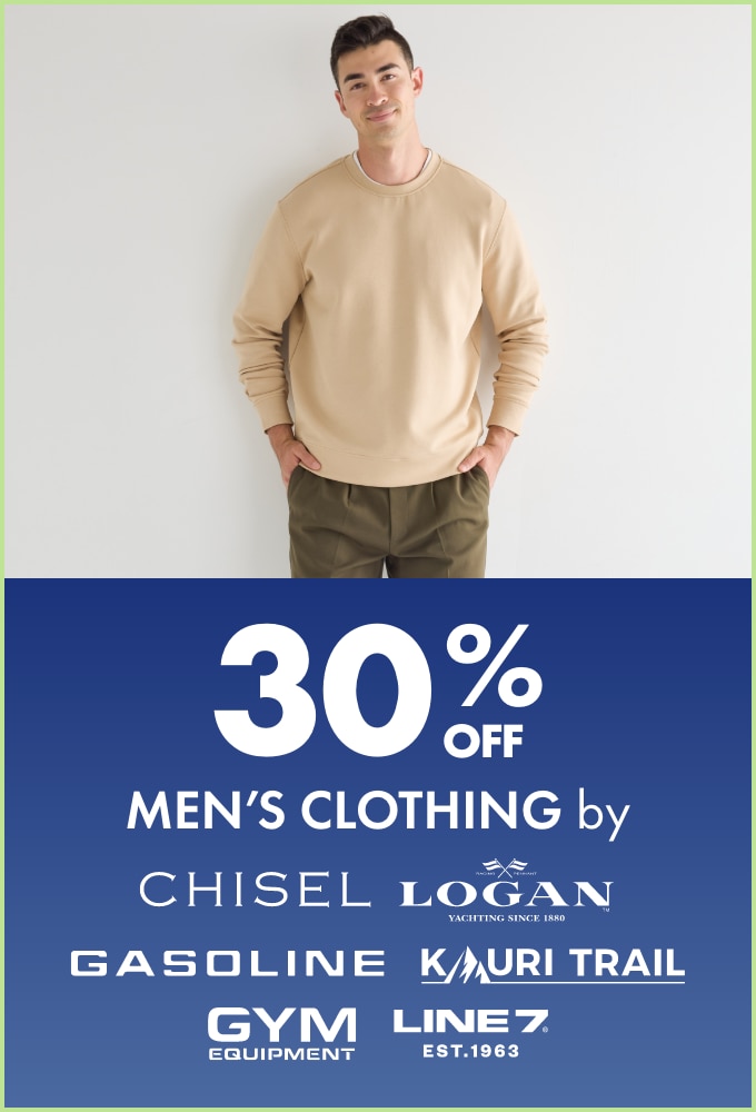 30% off Men's Clothing by Chisel, Kauri Trail, Gasoline, Line 7, Gym Equipment and Logan