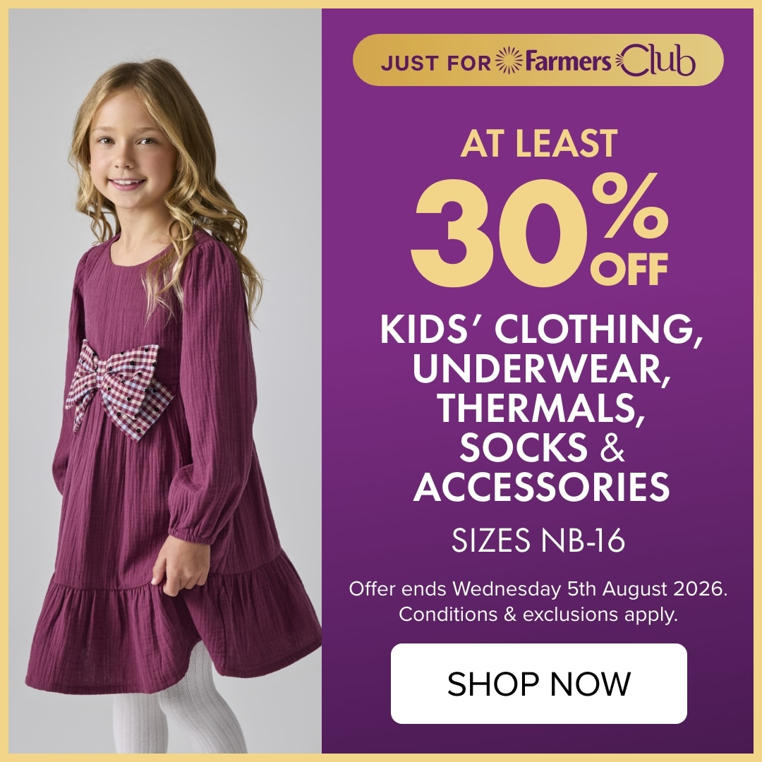 At least 30% off Kids' Clothing, Underwear, Thermals, Socks & Accessories Sizes NB-16