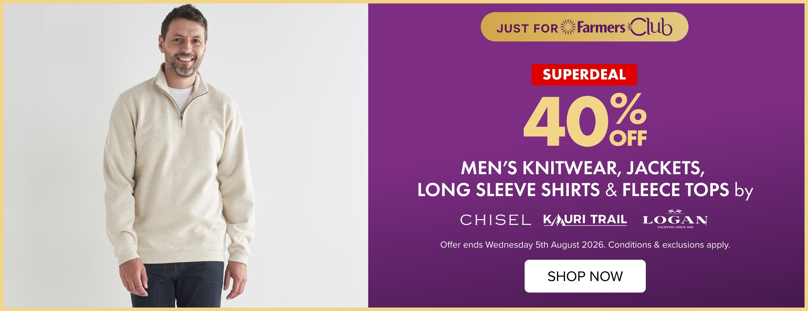 SUPERDEAL 40% off Men's Knitwear, Jackets, Long Sleeve Shirts & Fleece Tops by Chisel, Kauri Trail & Logan