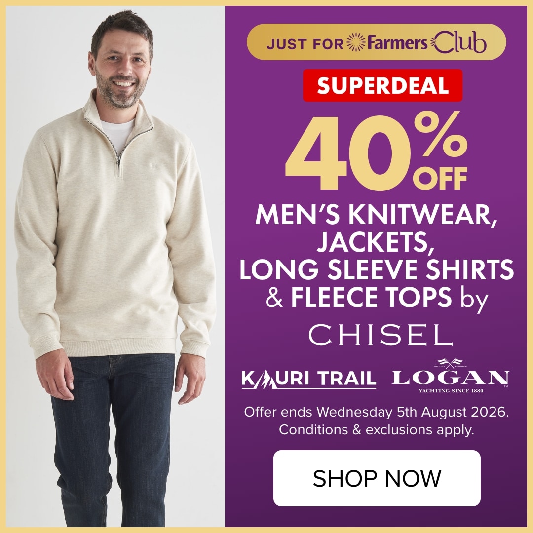 SUPERDEAL 40% off Men's Knitwear, Jackets, Long Sleeve Shirts & Fleece Tops by Chisel, Kauri Trail & Logan