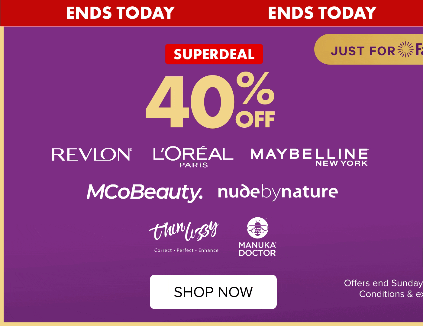 SUPERDEAL 40% off Revlon, L'Oréal Paris, Maybelline NY, Thin Lizzy, Nude by Nature, MCoBeauty & Manuka Doctor