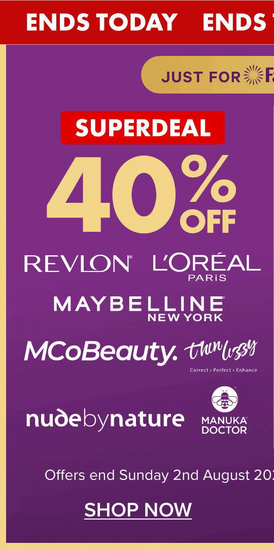 SUPERDEAL 40% off Revlon, L'Oréal Paris, Maybelline NY, Thin Lizzy, Nude by Nature, MCoBeauty & Manuka Doctor