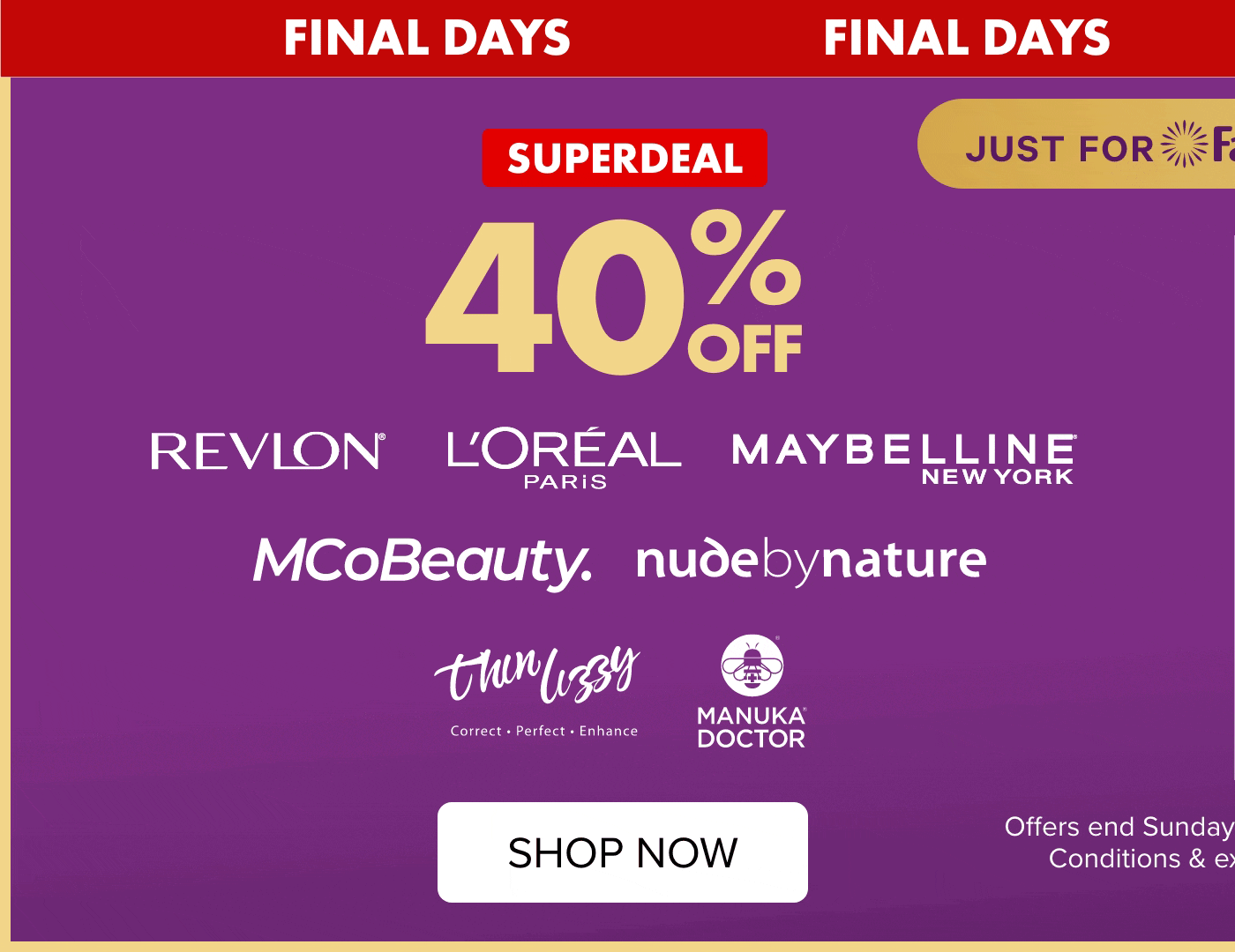 SUPERDEAL 40% off Revlon, L'Oréal Paris, Maybelline NY, Thin Lizzy, Nude by Nature, MCoBeauty & Manuka Doctor