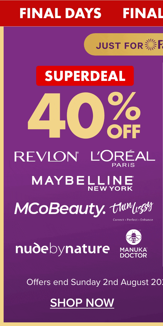 SUPERDEAL 40% off Revlon, L'Oréal Paris, Maybelline NY, Thin Lizzy, Nude by Nature, MCoBeauty & Manuka Doctor