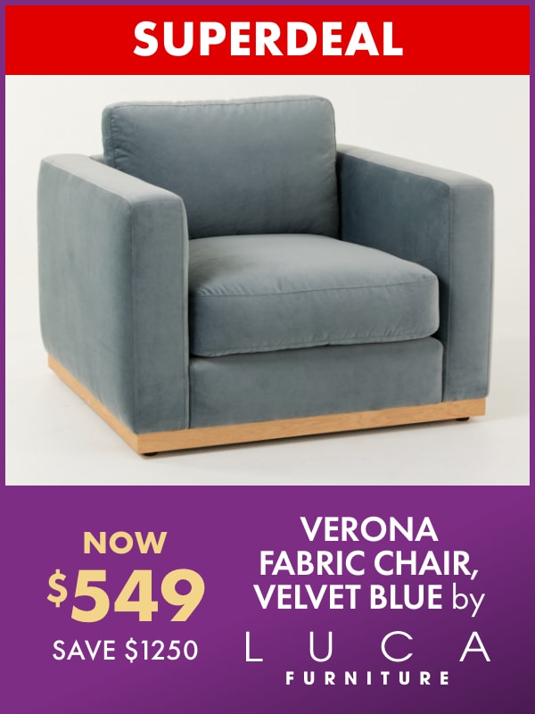 SUPERDEAL NOW $549 SAVE $1250 Verona Fabric Chair, Velvet Blue by LUCA Furniture
