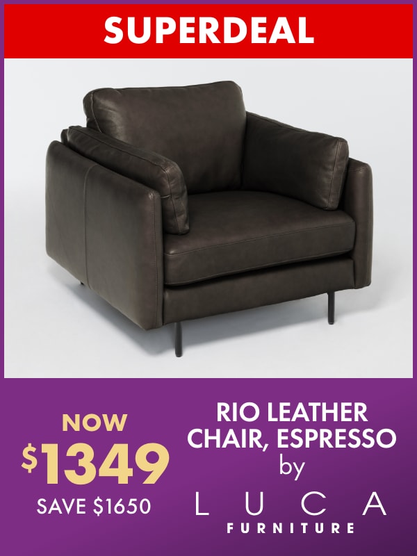 SUPERDEAL NOW $1349 SAVE $1650 Rio Leather Chair, Espresso by LUCA Furniture