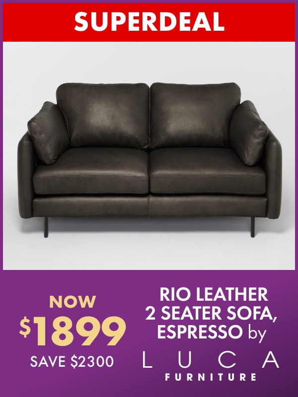 SUPERDEAL NOW $1899 SAVE $2300 Rio Leather 2 Seater Sofa, Espresso by LUCA Furniture