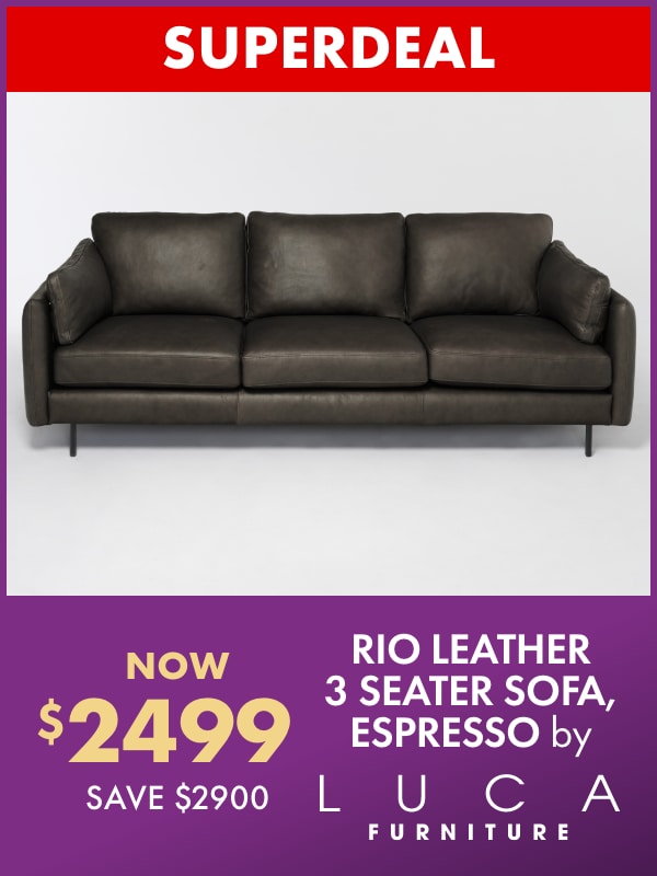 SUPERDEAL NOW $2499 SAVE $2900 Rio Leather 3 Seater Sofa, Espresso by LUCA Furniture