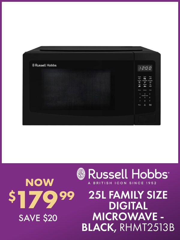 NOW $179.99 SAVE $20 Russell Hobbs 25L Family Size Digital Microwave - Black, RHMT2513B