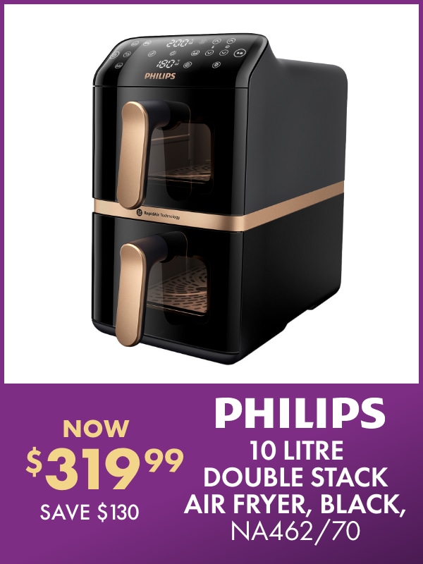 NOW $319.99 SAVE $130 Philips 10 Litre Double Stack Air Fryer, Black, NA462/70