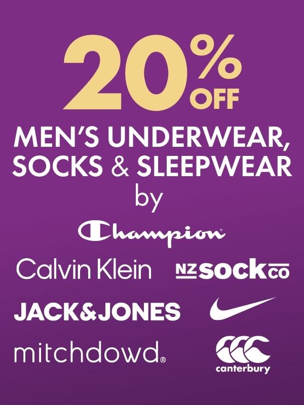 20% OFF Men's Underwear, Socks & Sleepwear by Calvin Klein, Nike, Jack & Jones, Champion, Canterbury, Mitch Dowd & NZ Socks