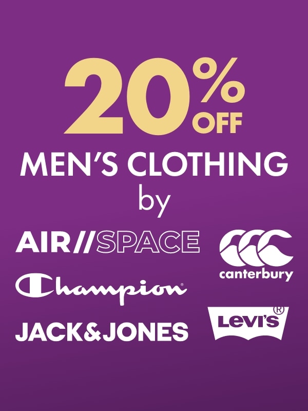 20% OFF Men's Clothing by Air Space, Canterbury, Levi's, Jack & Jones & Champion