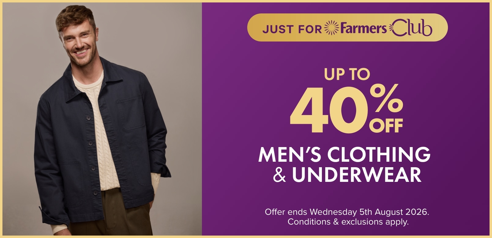 Up to 40% off Men's Clothing & Underwear