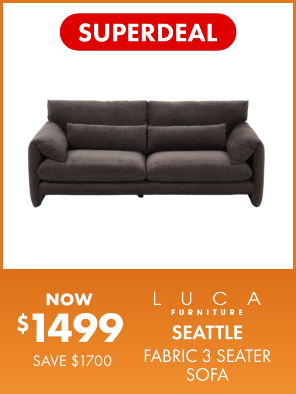 SUPERDEAL NOW $1499 SAVE $1700 LUCA Furniture SEATTLE Fabric 3 Seater Sofa