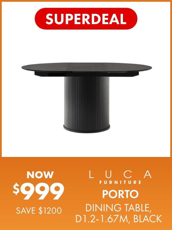 SUPERDEAL NOW $999 SAVE $1200 LUCA Furniture Porto Dining Table, D1.2-1.67m, Black