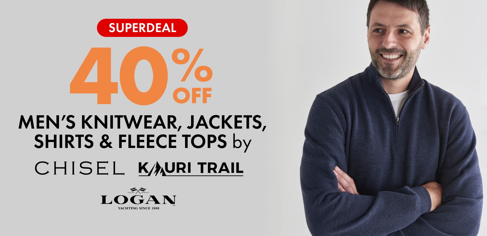 SUPERDEAL 40% Off Men's Knitwear, Jackets, Shirts & Fleece Tops by Chisel, Kauri Trail & Logan