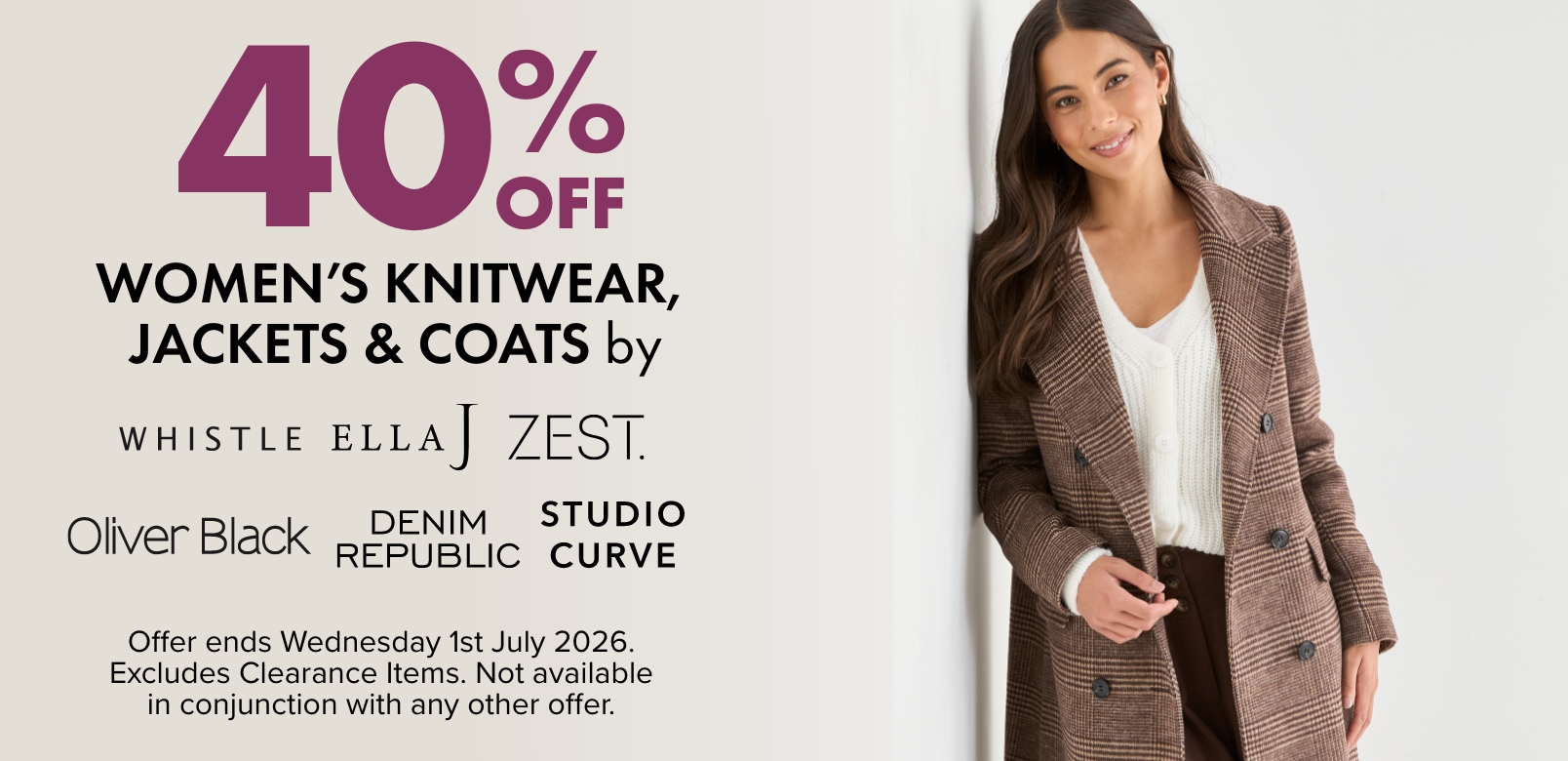 40% OFF Women's Knitwear, Jackets & Coats by Whistle, Ella J, Zest, Oliver Black, Denim Republic & Studio Curve