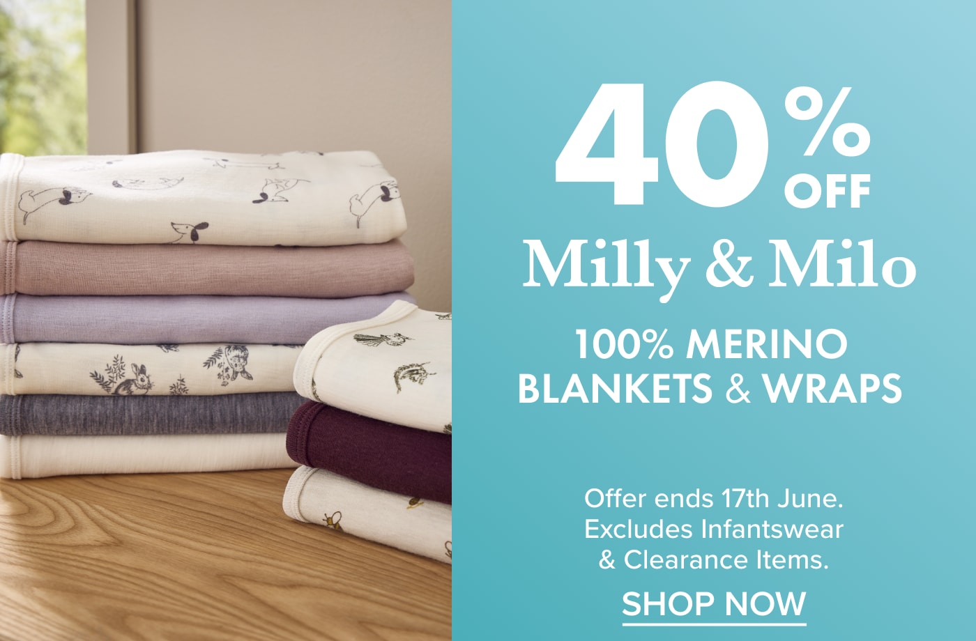 40% off Milly and Milo 100% Merino Blankets and Wraps