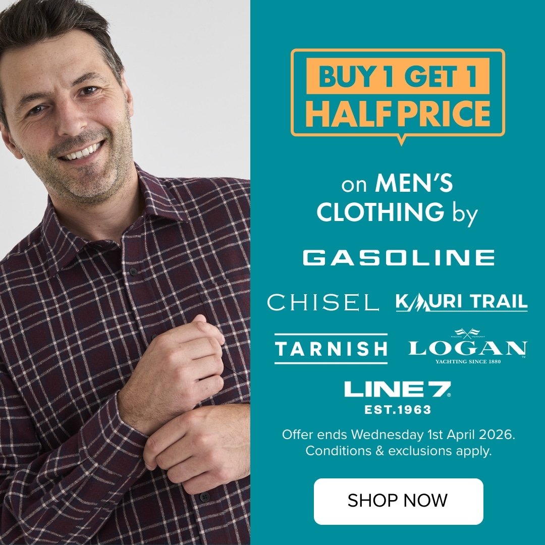 Buy 1 Get 1 Half Price on Men's Clothing by Gasoline, Chisel, Kauri Trail, Tarnish, Logan & Line 7